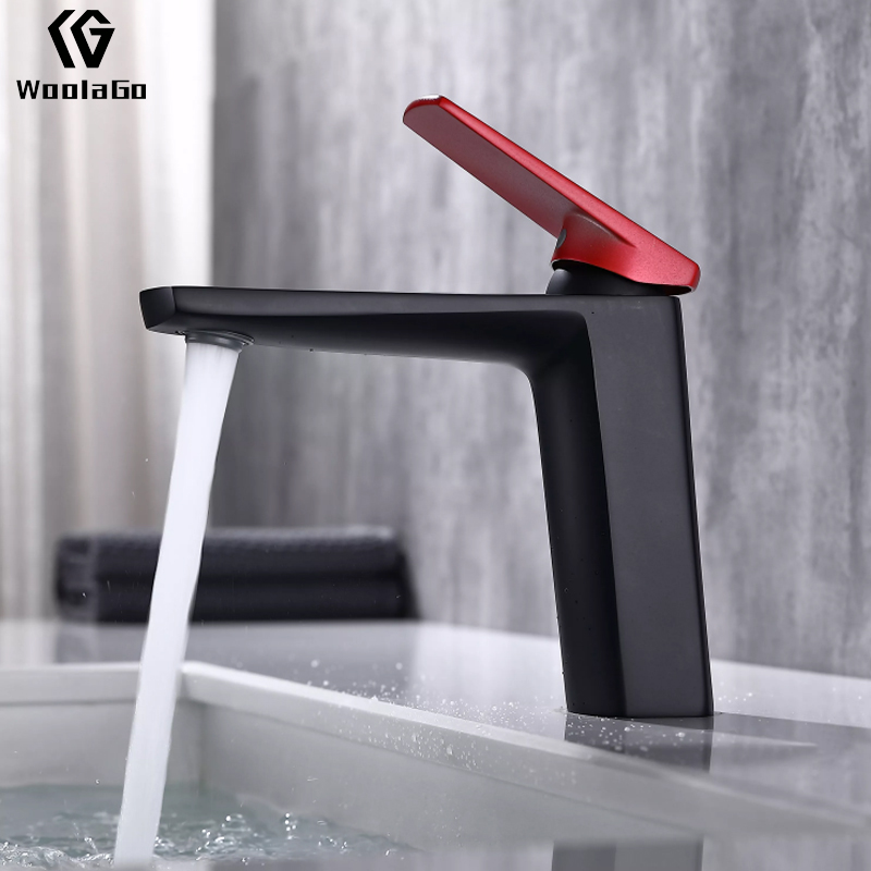 China Cheap Price Good Quality Long Neck Deck-Mounted Black With Red Handle Brass Basin Faucet J163-BR